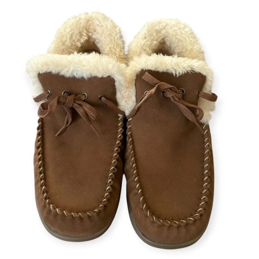 Orthofeet Brown Suede Faux Fur Orthopedic Moccasin Capri Slippers 9E Quite Lux